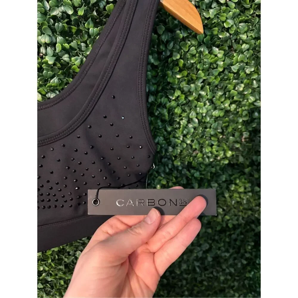 Carbon38 Rhinestones Cut Out Scoop Bra in Diamond Compression - Black Sz Small N